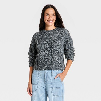 Women's Cable Crewneck Pullover Sweater - Universal Thread™ Heather Pink M | Target