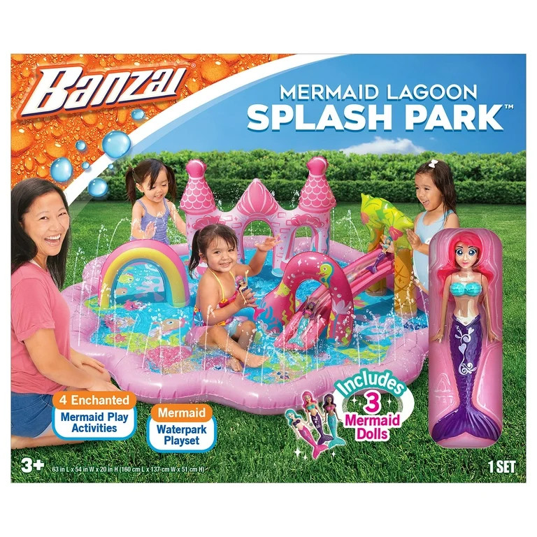 Banzai Mermaid Lagoon Inflatable Splash Park with 3 Mermaid Dolls for Ages 3+ | Walmart (US)