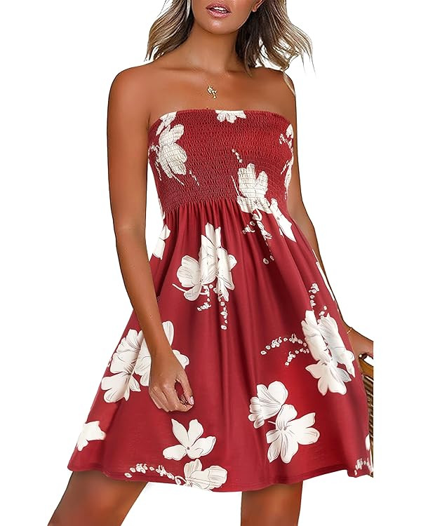 CHICGAL Summer Dresses for Women Beach Cover Ups Strapless Boho Floral Print Sundress | Amazon (US)