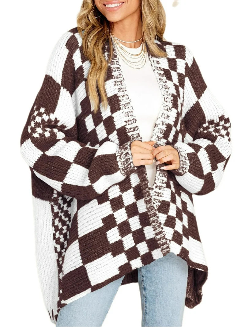 Long Sleeve Color Block Plaid Cardigan Oversized Knit Front Cardigan Jacket Women's Plaid Sweater | Walmart (US)