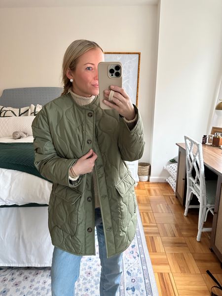 Amazon army green quilted jacket with light wash jeans and tan mules, winter outfit, cozy outfit 

#LTKSeasonal #LTKfit #LTKstyletip