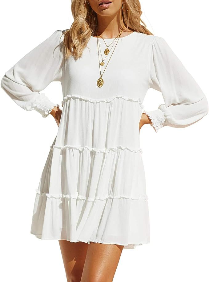 R.Vivimos Women's Fall Cotton Long Sleeves Ruffled Casual Loose Swing Flowy Tunic Mini Dress | Amazon (US)