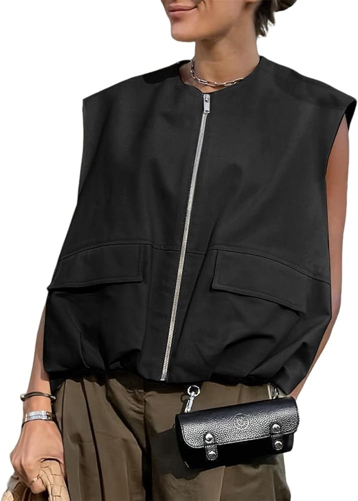 PAODIKUAI Women's Casual Zip Up Vest Cargo Ruched Hem Lightweight Sleeveless Blazer Oversized Jac... | Amazon (US)