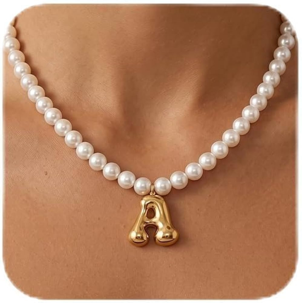 DoDoBeads Bubble Initial Necklace, Imitation Pearl Necklace, Non-Tarnish Waterproof Chunky Monogr... | Amazon (US)