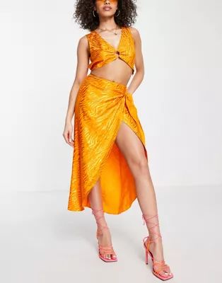 ASOS DESIGN sarong wrap midi skirt in orange satin jacquard - part of a set | ASOS | ASOS (Global)