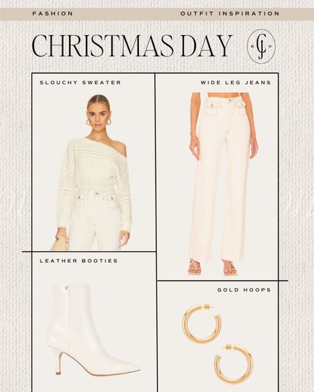 Christmas Day outfit inspiration. Cella Jane blog. Cream off the shoulder sweater, cream wide leg jeans, booties, gold hoops  

#LTKHoliday #LTKstyletip #LTKSeasonal