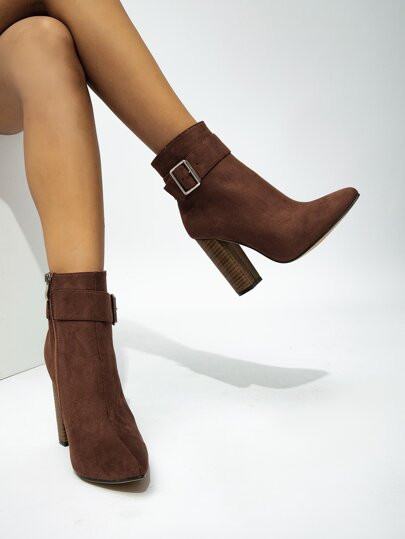 Buckle Decor Point Toe Chunky Heeled Suede Boots
   SKU: sx2207033972508800      
          (2 Re... | SHEIN