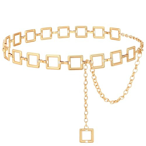 SANSTHS Chain Belts for Women Fashion Gold/Silver Waist Chains Belt for Dresses Clunky Link Metal Ladies Belt,gold,M | Amazon (US)