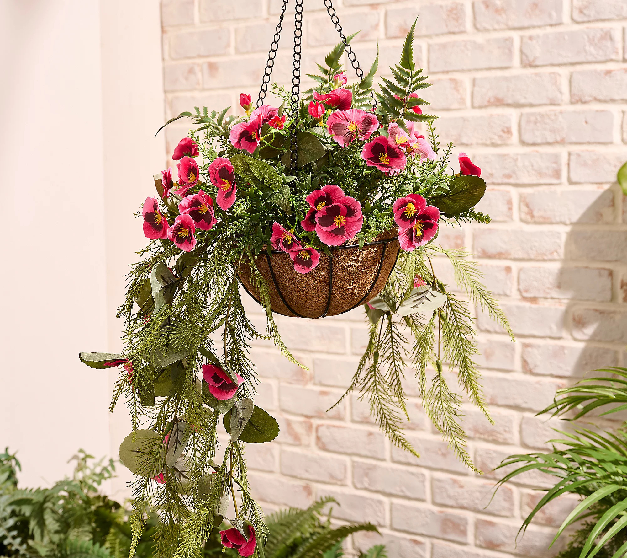 Garden Reflections Cascading Faux Pansy & Fern Hanging Basket | QVC