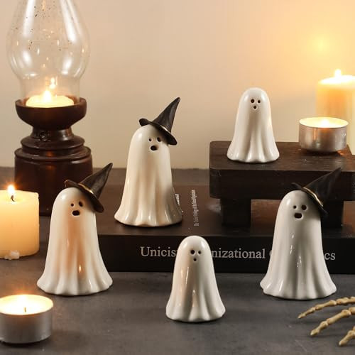 Jingmore 5 Pcs Ghost Halloween Decorations Ceramic Ghost Figurine Ghost Halloween Indoor Decor Spooky Ghost Statue Cute Ghost with Witch Hat for Halloween Home Party Tabletop Tray Shelf Display | Amazon (US)