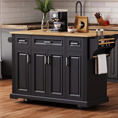 54inch Large Kitchen Island with Rubber Wood Drop Leaf, Embossed Texture Rolling Kitchen Cart on 4 Wheels with 4 Doors and 3 Drawers, Kitchen Island w | Wayfair North America
