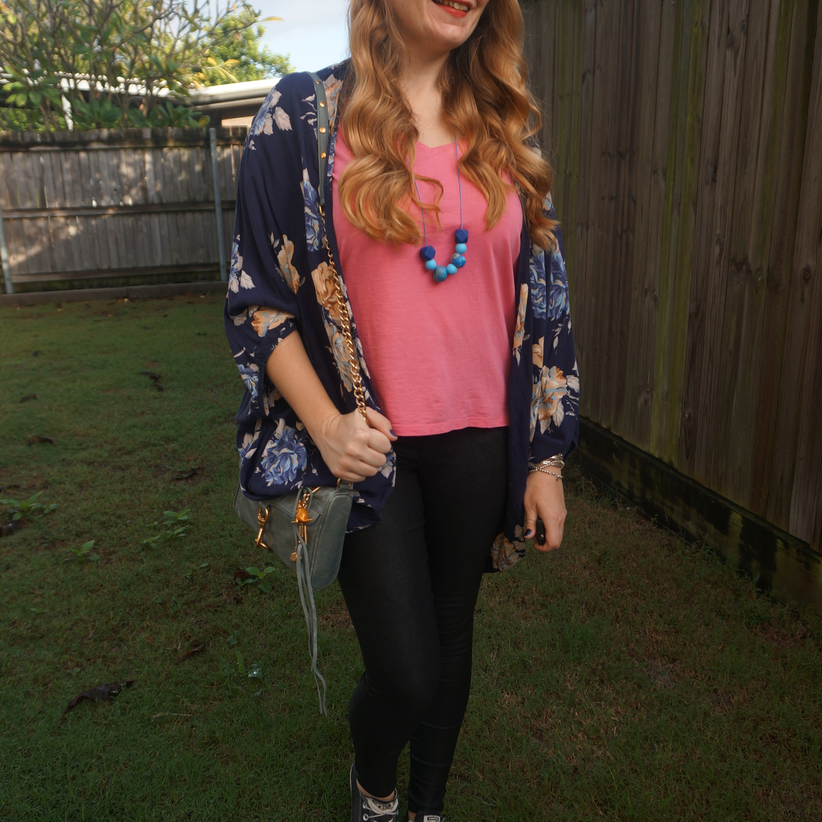 Pink tee, recently thrifted navy floral print shrug and black coated denim jeans with Converse and Rebecca Minkoff mini MAC bag 💙

#LTKaustralia #LTKautumn #LTKbag