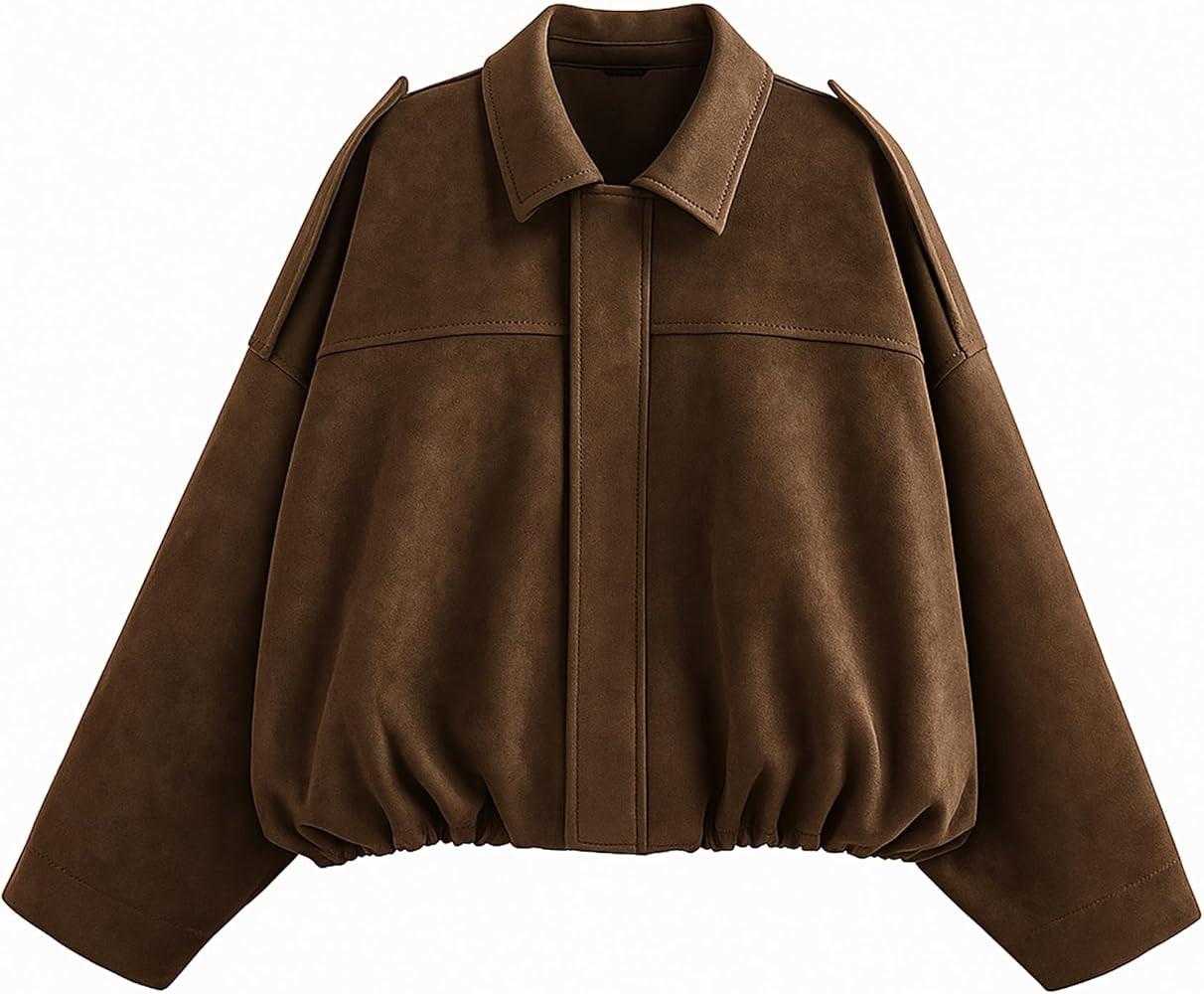 WERFORU Women's Faux Suede Bomber Jacket Casual Pilot Coat Oversized Spring Fall Batwing Long Sle... | Amazon (UK)