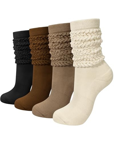 Darller Slouchy Socks for Women 4 Pairs Slouch Long Scrunch Knee High Sock Knit Cotton Boot Tube Socks, Brown Series | Amazon (US)