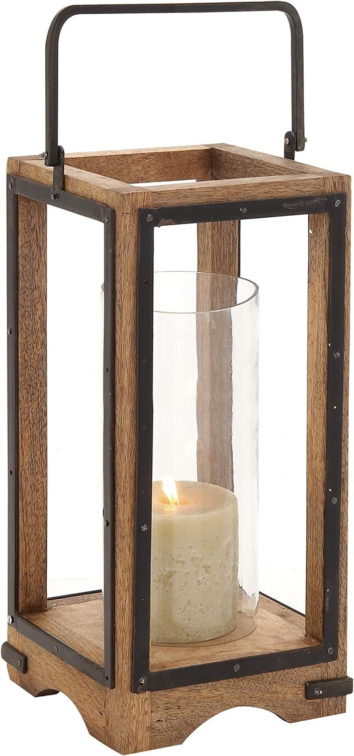 Deco 79 Mango Wood Handmade Pillar Candle Lantern, 8" x 8" x 22", Tan | Amazon (US)