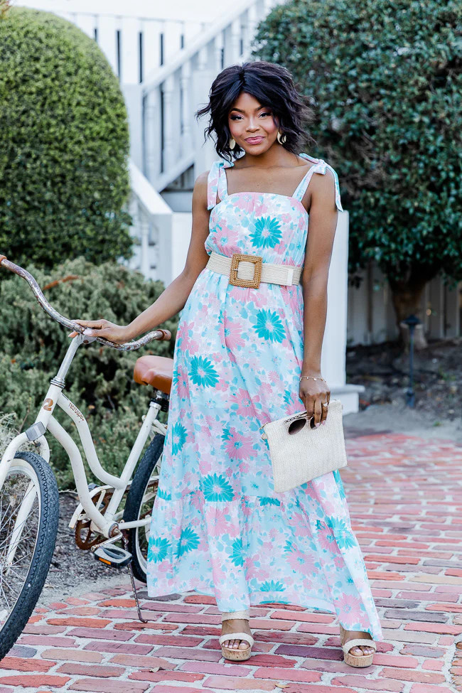 Sunkissed Feeling Teal Floral Maxi Dress | Pink Lily