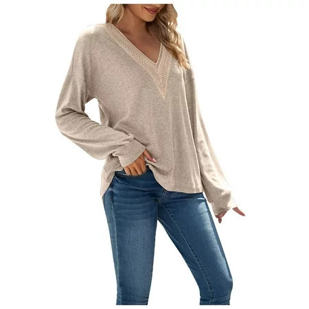 RQYYD Womens Lace Trim Crochet V Neck Flowy Shirt Blouse Casual Long Sleeve Solid Trendy Dressy LooSE Fall Tunic Tops Beige L | Walmart (US)