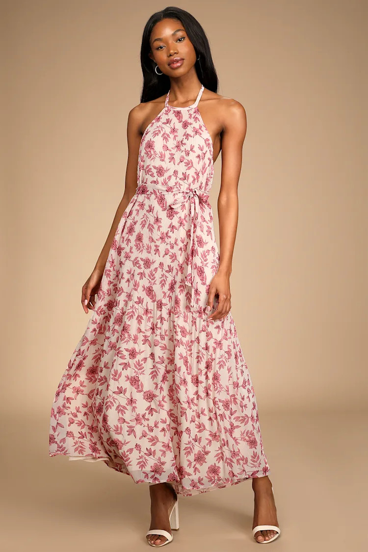Extravagant Entrance Cream Floral Pleated Halter Maxi Dress | Lulus (US)