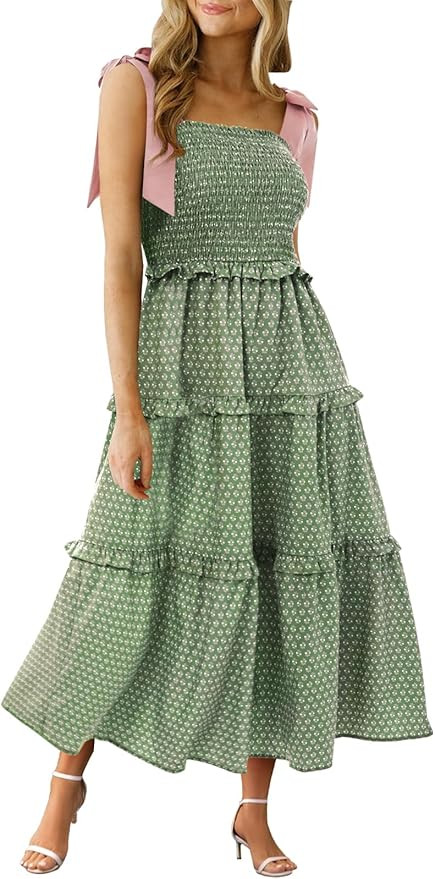 Wenrine Womens Summer Floral Maxi Dress Smocked Tie Shoulder Boho Sleeveless Ruffle Tiered Casual... | Amazon (US)