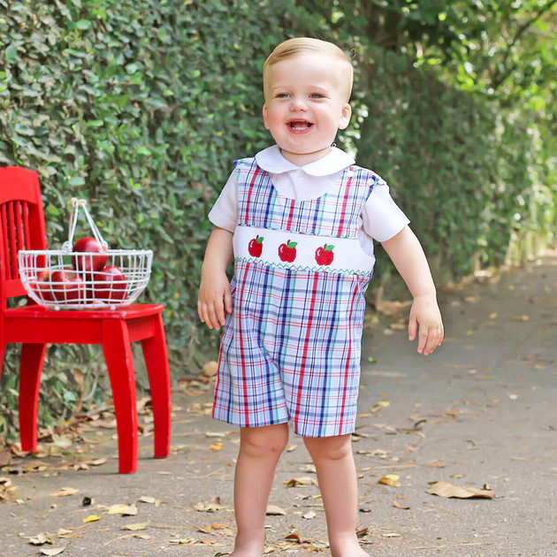 Smocked Red Apples Plaid Jon Jon | Classic Whimsy