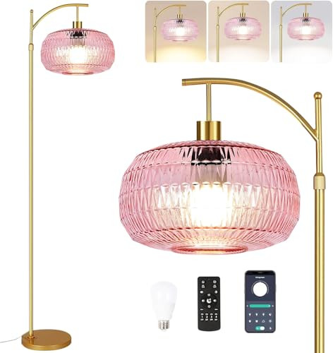 QIYIZM Pink Floor Lamp for Living Room,Bedroom,Gold Dimmable Standing Lamp with Remote,Mid Century Modern Brass Tall Lamp Boho Floor Lamps Arc Stained Glass Flower Floor Light Lamp Girls kids Bohemian | Amazon (US)
