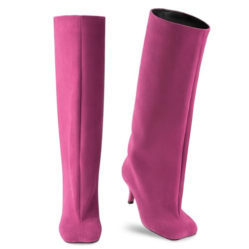 Oh Mispares Women's Hot Pink Suede Knee High Boots - Square Toe Wide Calf Stiletto Low Heels - Fashionable Kitten Heel Pull-On Tall Winter Boots for Ladies US12 | Amazon (US)