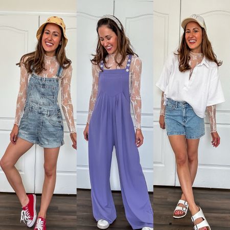 Spring to summer transition outfits with sheer white lace top from Amazon 

Overall shorts // purple jumpsuit // red converse sneakers // patterned bucket hat // pearl headband // white polo sweatshirt // jean shorts // white Birkenstock sandals 

#LTKstyletip #LTKSeasonal #LTKfindsunder100