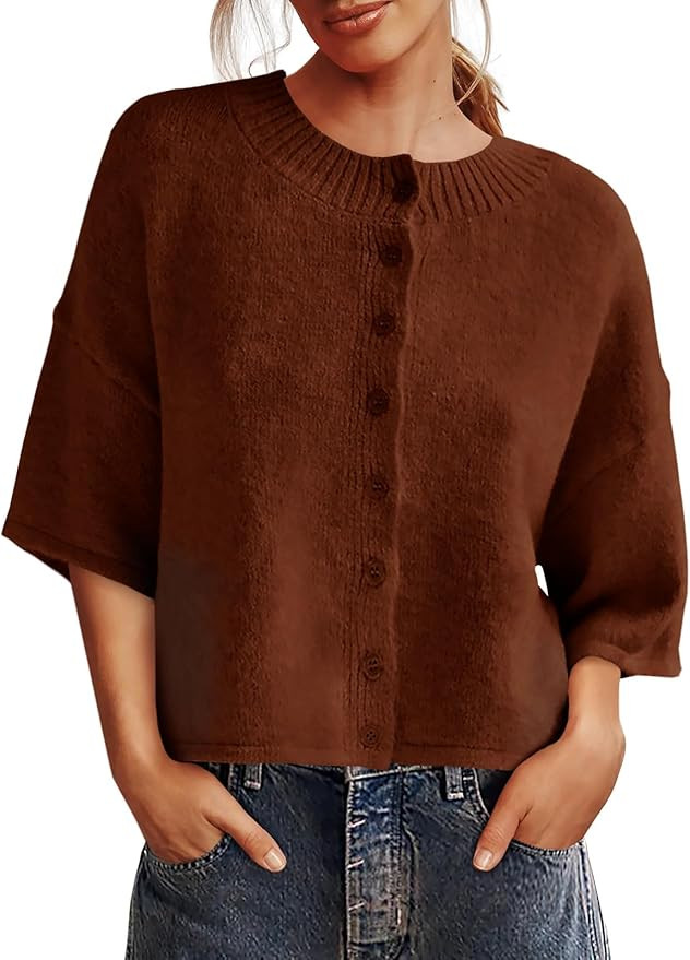 Saodimallsu Womens 3/4 Sleeve Cardigan Sweater Button Down Cropped Crewneck Cardigan 2025 Fall Ca... | Amazon (US)