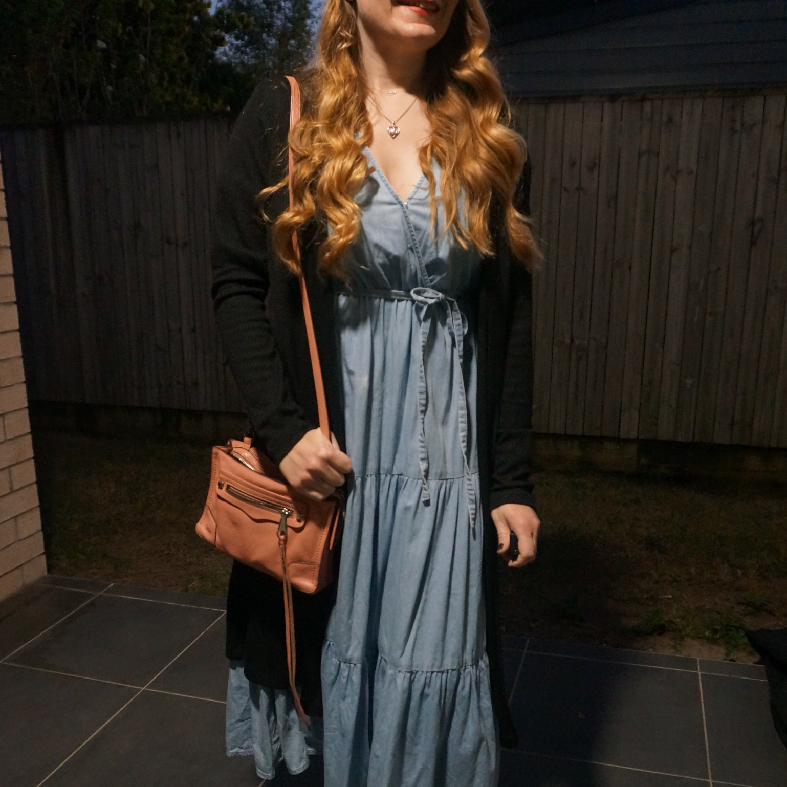 Ank Kmart chambray tiered wrap dress with thrifted black ribbed cardigan and pink Rebecca Minkoff micro Regan bag 💕 

#LTKaustralia #LTKworkwear #LTKbag