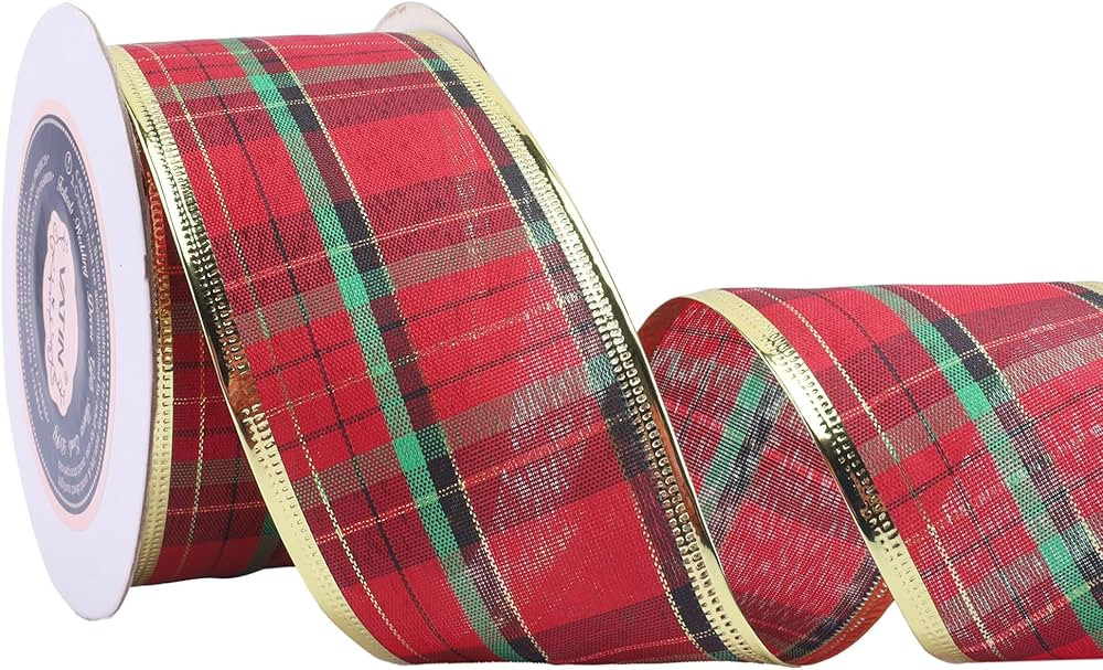 VATIN Red and Green Buffalo Plaid Wired Edge Christmas Ribbon,2-1/2-Inch x Continuous 10 Yards Bu... | Amazon (US)
