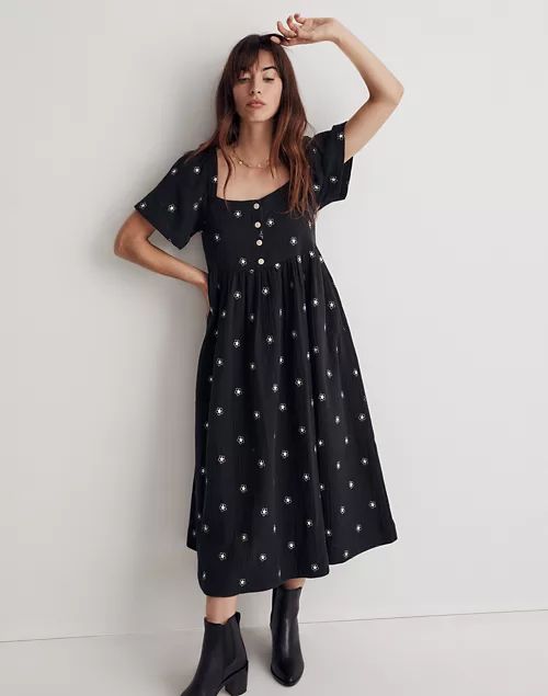 Daisy Embroidered Lightspun Square-Neck Midi Dress | Madewell