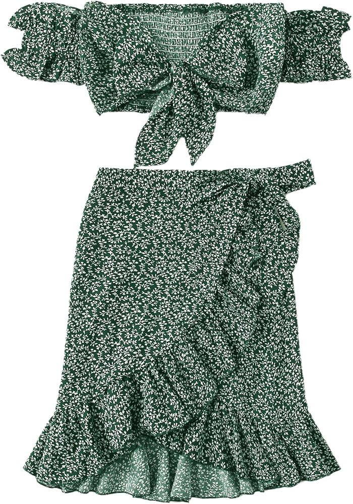 MakeMeChic Women's Two Piece Floral Knot Shirred Back Cami Crop Top and Ruffle Wrap Skirt Set | Amazon (US)