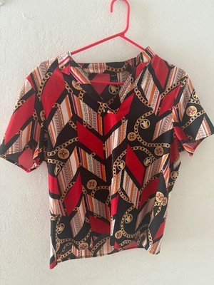 Women’s Geometric Chain Print Blouse – Red Black Short Sleeve V-Neck Top Size L | eBay US