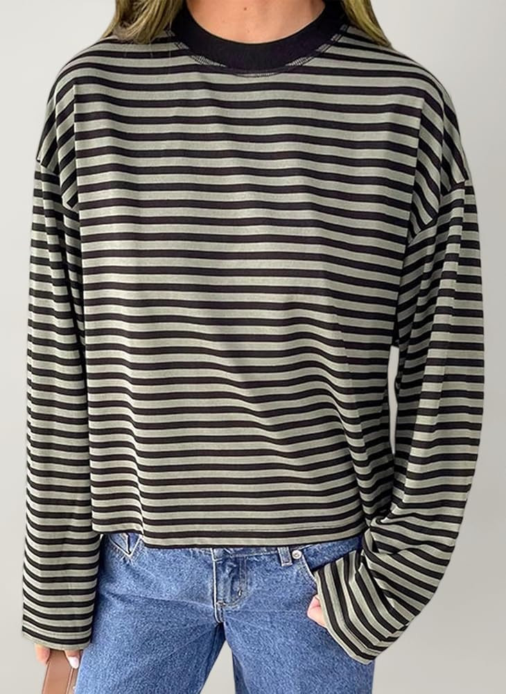 Women Striped Long Sleeve Top Crew Neck Color Block Tee Shirts Loose Basic T Shirt Fall Fashion 2... | Amazon (UK)
