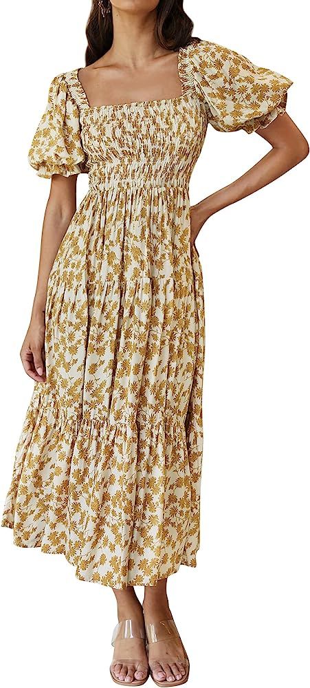 ZESICA Women's 2024 Summer Boho Floral Print Square Neck Ruffle Swing Beach Long Maxi Dress,Beige... | Amazon (US)