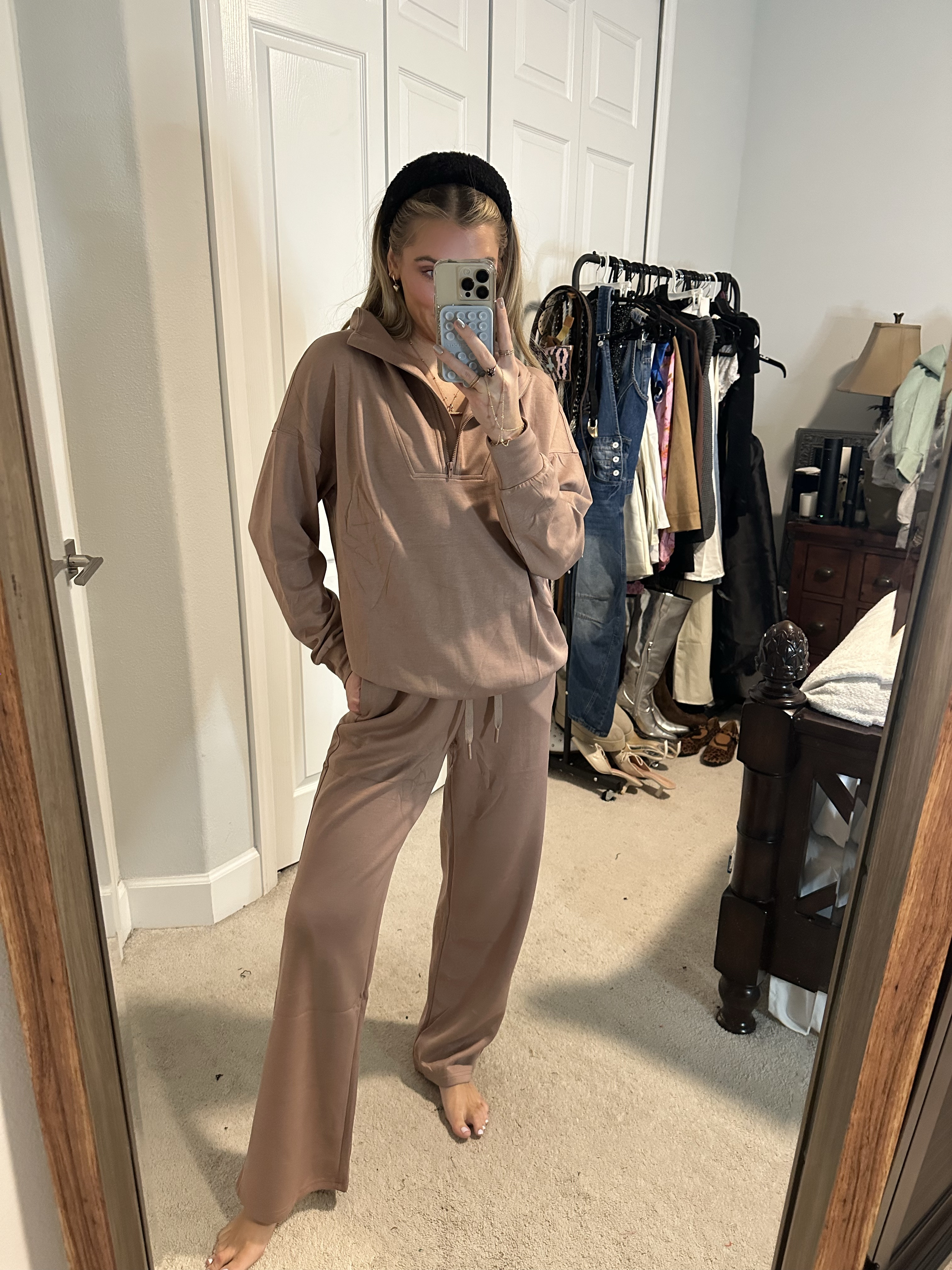 Amazon PINSPARK 2 Piece Sets for Women 2025 Fall Outfits Sweatsuit Oversized Sweatshirt Wide Leg Sweatpants Matching Set Tracksuit. Spanx dupe! I am wearing size small. Travel outfit inspo. This sweatsuit set includes a half-zip, long-sleeve oversized sweatshirt and high-waisted drawstring wide-leg sweatpants with pockets, making it a stylish 2 piece tracksuit set. 

#LTKSaleAlert #LTKFindsUnder50 #LTKTravel