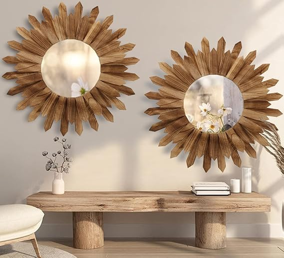 LOSOUR 2 Pack 22 Inch Boho Wall Sunburst Mirror Rustic Round Wood Decorative Mirror Boho Wall Art... | Amazon (US)