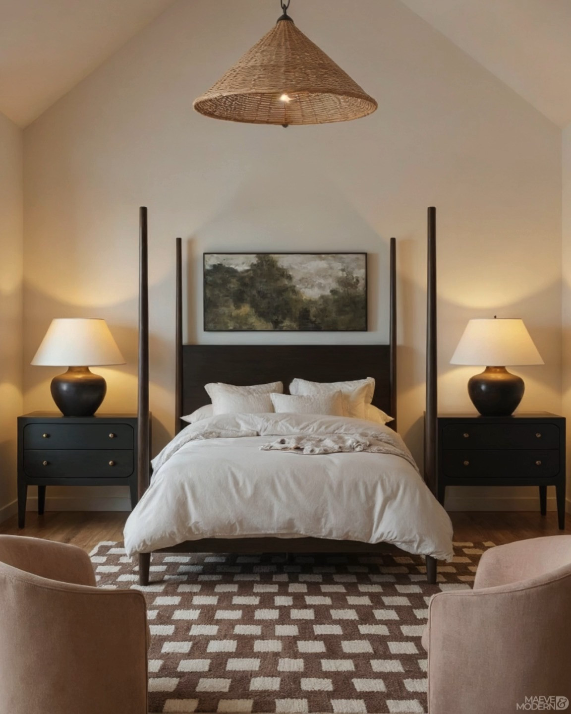 Warm Neutral Bedroom Inspiration 🤎 This cozy bedroom blends modern organic style with timeless transitional details for a soft, elevated look. A dark wood four-poster bed creates a beautiful focal point against creamy neutral walls, while crisp white bedding, black nightstands, oversized stone table lamps, landscape artwork, and a woven rattan pendant add warmth and natural texture. Blush accent chairs and a neutral checkerboard rug complete the space with a relaxed, designer-inspired feel perfect for a fall bedroom refresh.

🖤 If you want to see more content like this, FOLLOW maeveandmodern on LTK, Instagram, and Pinterest! Check out our blog where we post daily, maeveandmodern.com!

Warm Neutral Bedroom | Cozy Bedroom Ideas | Modern Organic Bedroom | Transitional Bedroom Decor | Four Poster Bed | Dark Wood Bed | Neutral Bedding | White Bedding | Black Nightstands | Stone Table Lamps | Rattan Pendant Light | Woven Lighting | Checkerboard Rug | Neutral Area Rug | Blush Accent Chairs | Bedroom Sitting Area | Landscape Wall Art | Earth Tone Bedroom | Fall Bedroom Refresh | Designer Bedroom Inspiration | Organic Modern Home | Cozy Neutral Home#LTKFindsUnder100

#LTKHome #LTKSaleAlert #LTKSeasonal #LTKHome #LTKSaleAlert