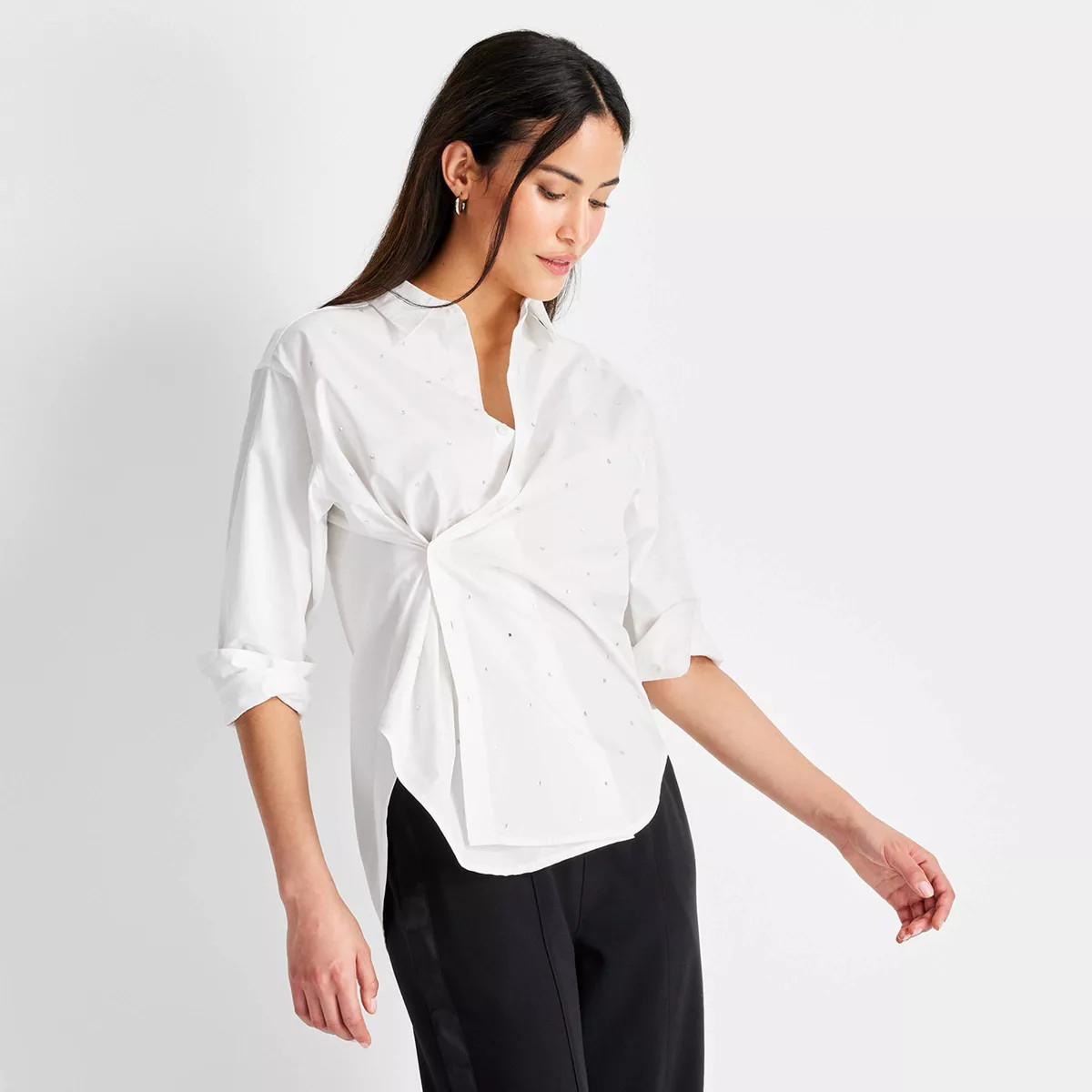 Women's Long Sleeve Collared Embellished Asymmetrical Button-Down Shirt - Future Collective | Target