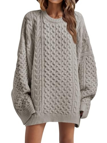 Saodimallsu Womens Oversized Sweaters Chunky Cable Knit Crewneck Long Sleeve Loose Tunic Sweater Tops Light Gray | Amazon (US)