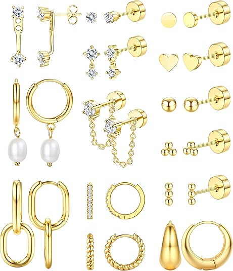 Jstyle 14K Gold Earrings Women Hypoallergenic Cartilage Earrings Set for Multiple Piercing Trendy... | Amazon (US)