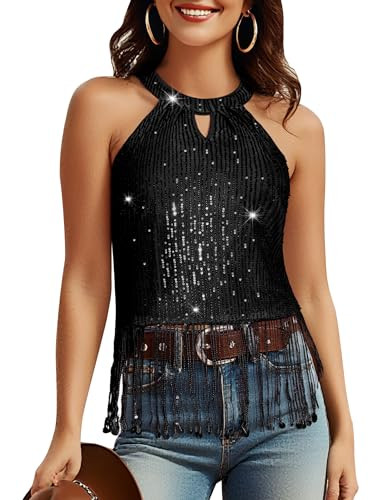 Aupuls Fringe Sequin Tops for Women Party Disco Night Halter Glitter Christmas Top New Years Eve AUPG027 Black XL | Amazon (US)