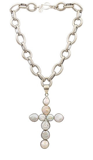 Child of Wild Cordelia Pearl Cross Necklace in Metallic Silver. | Revolve Clothing (Global)
