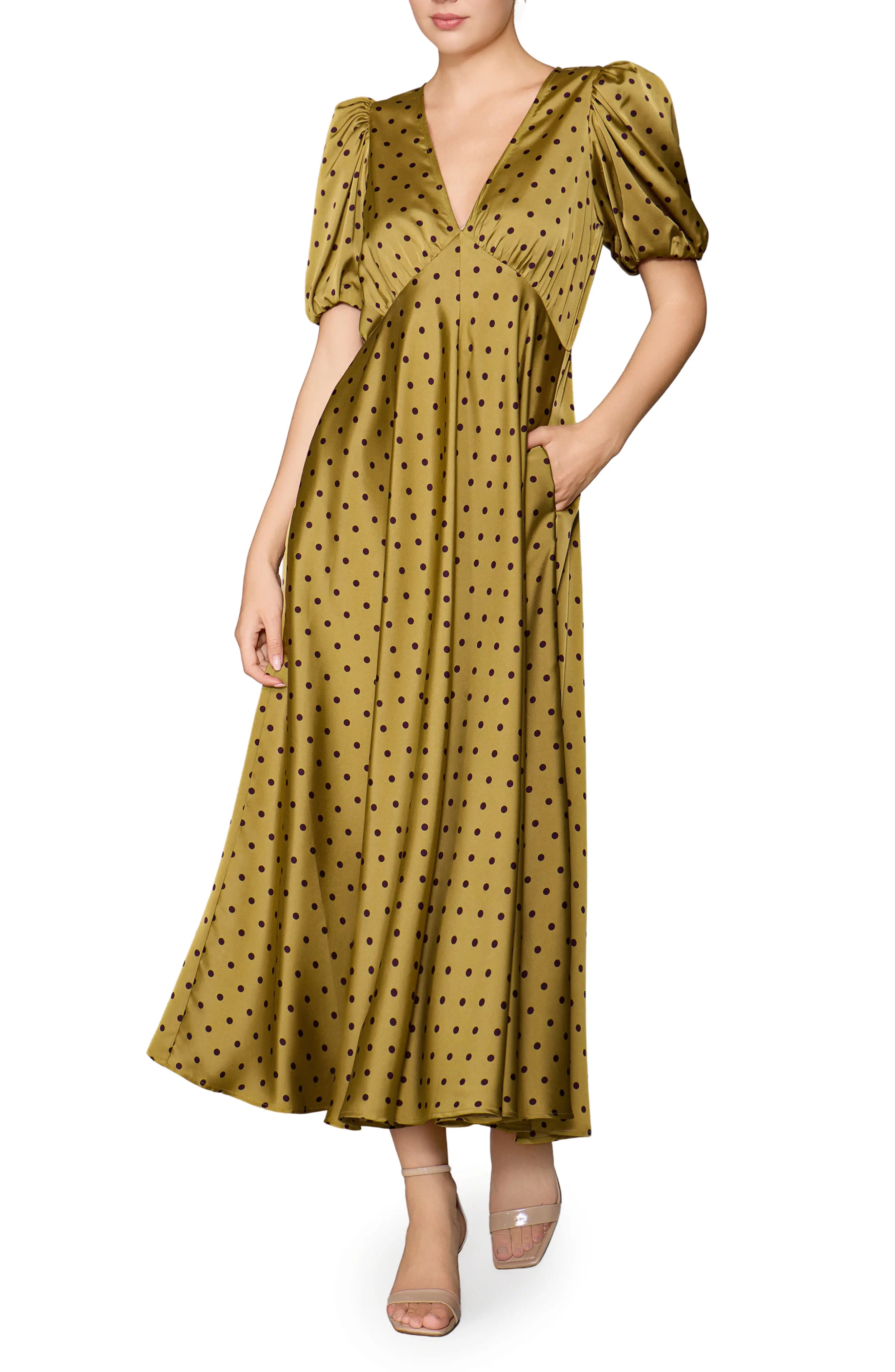 MELLODAY Polka Dot Satin Maxi Dress in Olive/brown at Nordstrom, Size Large | Nordstrom