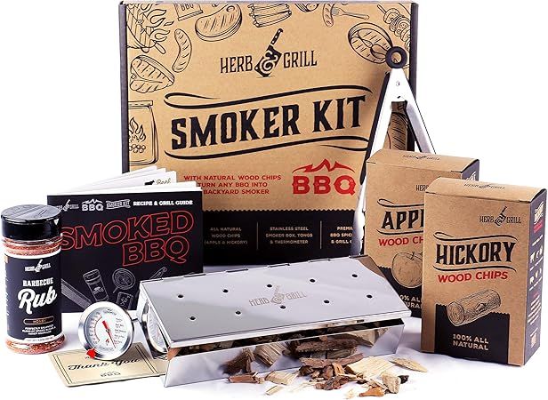 Herb & Grill BBQ Grilling Gift for Men | 7 Piece Set | Wood Chip Smoker Box Honey Rub, Tongs, Coo... | Amazon (US)