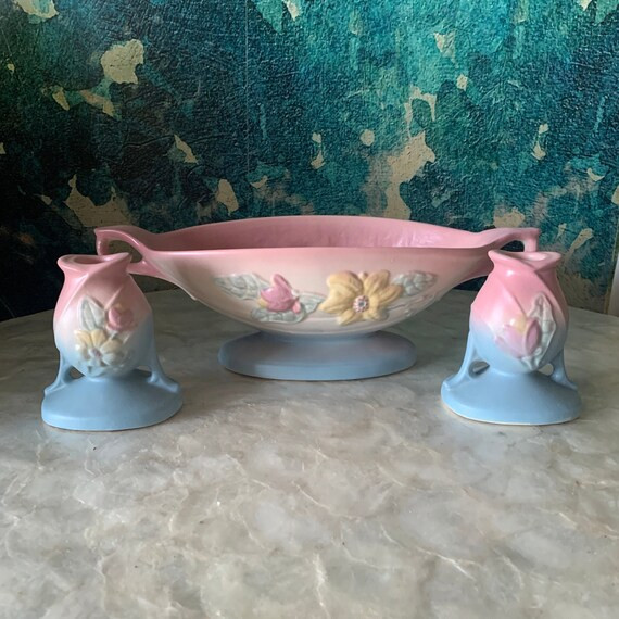 Hull Art Pottery Magnolia Console Bowl and Candle Holders  | Etsy | Etsy (US)