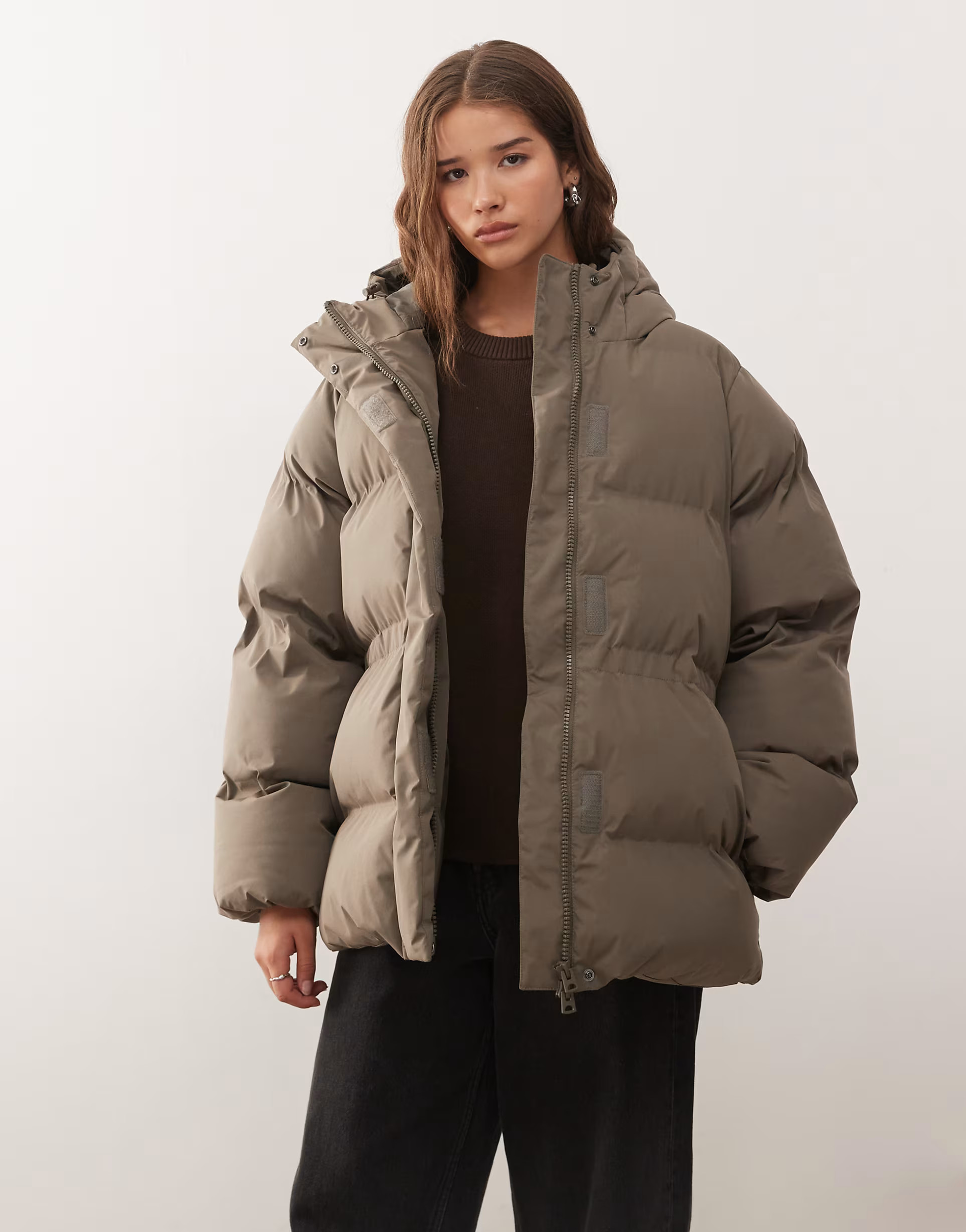 Weekday cinched puffer coat with detachable hood in dark mole | ASOS | ASOS (Global)