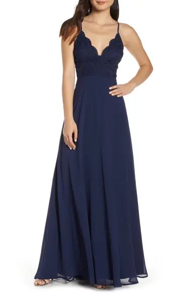 Madalyn V-Neck Lace & Chiffon Evening Dress | Nordstrom