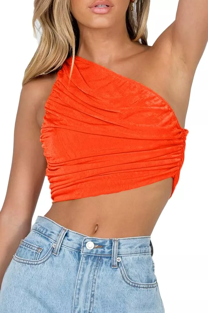 Glittery One Shoulder Crop Top For Women Sleeveless, Ruched