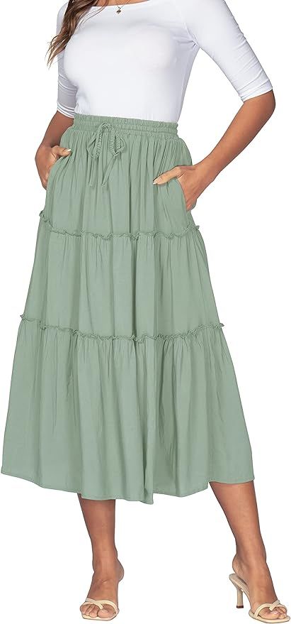 DREFBUFY Women's Boho Elastic High Waist A Line Ruffle Swing Beach Maxi Skirt with Pockets | Amazon (US)